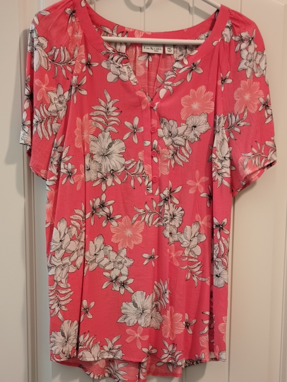 Kim Rogers Floral Henley Blouse Coral Pink Short Sleeve Top XL Petite
